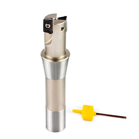 Beefy Indexable End Mill With R8 Shank One Inch Cutting Diameter Five And Twenty Seven Thirty Second Inch Overall Length shown with insert key