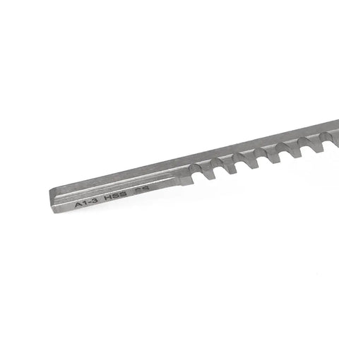 Multi Size Push Type Keyway Broach Set In High Speed Steel HSS showing a detailed view of metal teeth for precise metal cutting.