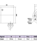 Technical drawing of Smooth 1000PPR Incremental Encoder With A And B Quadrature Signals 90 Degree Phase For Microcontrollers 5V Output 6mm Solid Shaft Includes 2m Cable Totally Awesome For Arduino Projects with dimensions and wire connections.