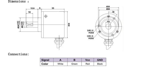 Technical drawing of Smooth 1000PPR Incremental Encoder With A And B Quadrature Signals 90 Degree Phase For Microcontrollers 5V Output 6mm Solid Shaft Includes 2m Cable Totally Awesome For Arduino Projects with dimensions and wire connections.