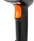Handheld USB Barcode Scanner, Wired CCD Barcode Reader, front view, featuring a sleek black design and an orange trigger