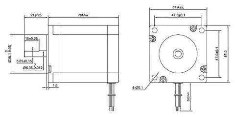Front and side views of a 76 mm NEMA 23 bipolar CNC stepper motor with cable and mounting holes