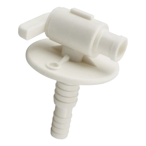 Universal RV Fresh Water Tank Drain Valve Replacement For 3/8 Or 1/2 Inch Hose Barb With Flange Low Point Drain Valve in white plastic