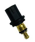 Coolant temperature sensor with brass probe and black plastic connector, side view.