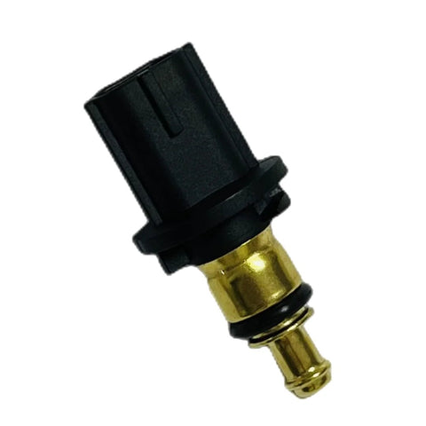 Coolant temperature sensor with brass probe and black plastic connector, side view.