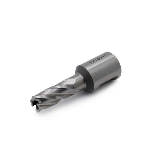 Side view of Oscarbide 7/16x1 annular cutter with a 3/4 in Weldon shank for magnetic drill press