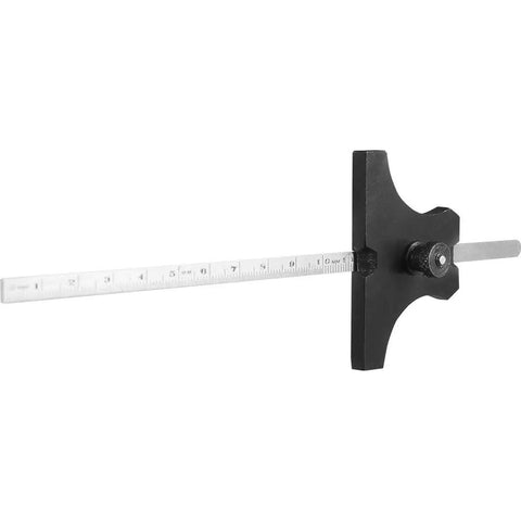 Straight Shot Woodworking Depth Gauge Featuring A Tank Tough Base And Six Inch Etched Steel Ruler Graduated In Sixty Fourth And Metric for precision measurements.