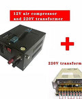 Powerful 12V Submersible Sump Pump Coupled With 220V Transfer Pump And Built In Air Compressor For Yard Chores Car Washes And Deep Carpet Recovery Smooth Flow That Crushes Wet Jobs Without Breaking A Sweat At All, showing 12V air compressor with 220V transformer.