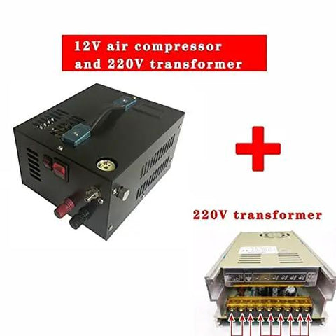 Powerful 12V Submersible Sump Pump Coupled With 220V Transfer Pump And Built In Air Compressor For Yard Chores Car Washes And Deep Carpet Recovery Smooth Flow That Crushes Wet Jobs Without Breaking A Sweat At All, showing 12V air compressor with 220V transformer.