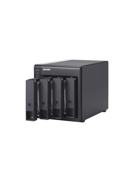 Plug And Play 4 Bay USB C Direct Attached Storage Box Featuring Hardware RAID For 3.5 Inch SATA Drives, black unit with open drive bays.