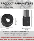 Diagram showing Pro Grade 30 Piece Round Hole Punch Die Set for Hydraulic Punch Tool with dimensions and shapes.