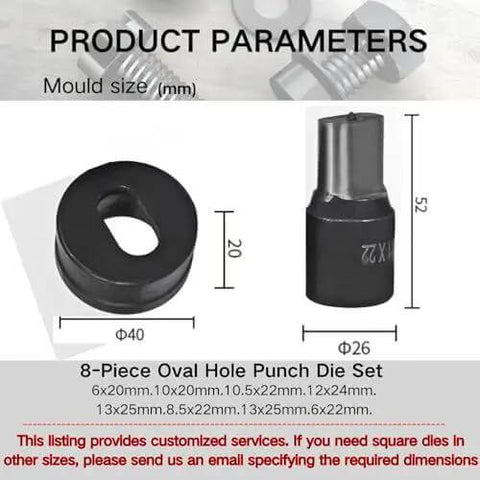Diagram showing Pro Grade 30 Piece Round Hole Punch Die Set for Hydraulic Punch Tool with dimensions and shapes.