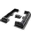 Drill Free Solar Panel Mounting Bracket Kit Seven Piece ABS For Roofs On RVs Caravans Boats Campers Sheds Garages And Boat Decks Black Easy DIY Install Corner Brackets showing two side brackets and gland housing in black.