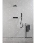 Shower System, 10-Inch Rainfall Head with Handheld Sprayer, Valve Included installed on a modern shower wall with towel rack.