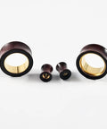 Two Tone Hollow Gold Stainless Steel And Sandalwood Ear Tunnels Plugs Set For Stretched Ears 0G To 1 Inch Double Flared Expander
