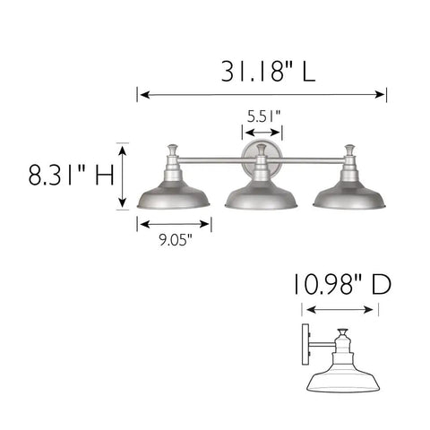Industrial Farmhouse 3-Light Vanity Light Over Mirror with Galvanized Finish, dimensions shown from side and front views.