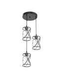 Dope Three Light Industrial Pendant Light With Black Metal Cage And Glass Shades, ideal for kitchen island or dining room.