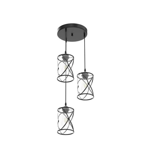 Dope Three Light Industrial Pendant Light With Black Metal Cage And Glass Shades, ideal for kitchen island or dining room.