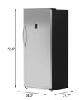 Hella Roomy 21 Cu Ft Upright Refrigerator Freezer Combo, silver exterior, 72.8" tall and 24.2" wide, smooth rolling casters.