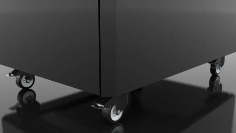 18U Soundproof Server Cabinet With Secure Locking Door And Smooth Cooling Vents For Dead Quiet Home Office Rig showing caster wheels.