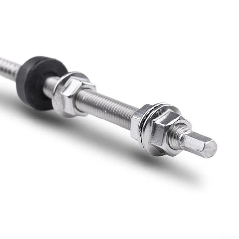 Heavy Duty Stainless Steel Solar Panel Mounting Screws, Tough As Nails Double Head Roof Fasteners, 200Mm close-up detail view with rubber washer.