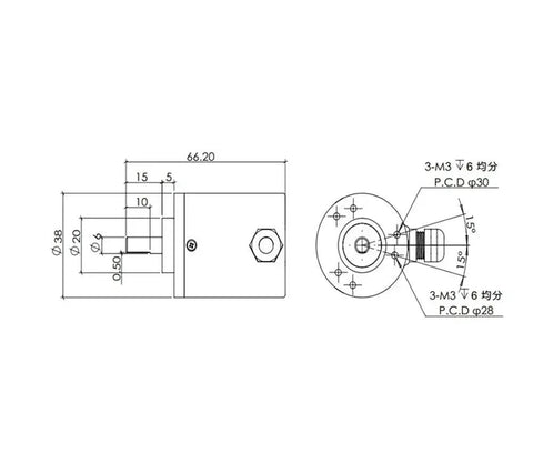 MultiTurn Absolute Encoder 38mm Magnetic Differential With Power Off Memory For Precise Angle Speed And Origin Sensing; dimension drawing with shaft and flange