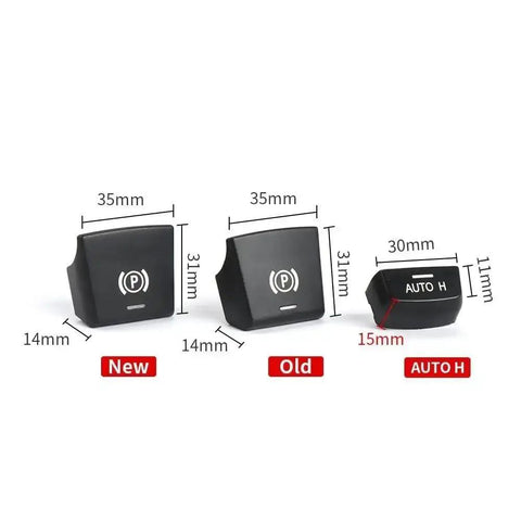 Straight Swap Electric Parking Brake Switch For BMW X5 F15 2014 To 2018 showing new and old buttons with dimensions.