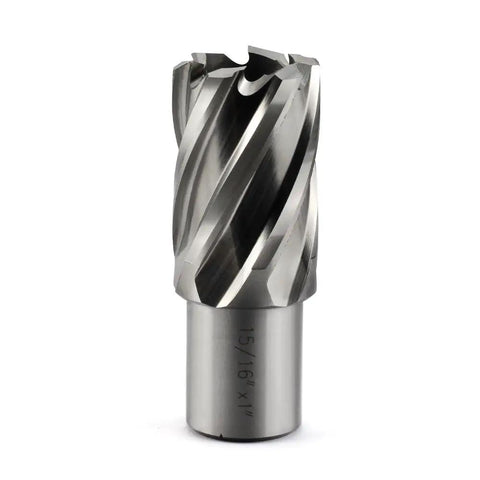 Heavy Duty HSS Annular Cutter Drill Bits With Weldon Shank, 15/16" x 1" design for clean metal hole cutting.