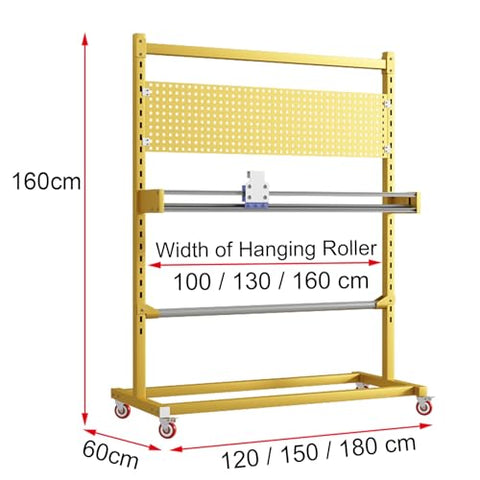 Heavy Duty Fabric Roll Storage Rack With Adjustable Cutter And Rock Solid Base For Quick Material Trim and No Sweat Packing Operations In Any Workshop Or Industrial Setting, dimensions 160cm height, 60cm width.