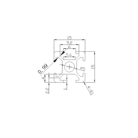 Get Your Hands On This 2 Pieces Of 1515 Aluminum Profile T-Slot Linear Rail For Serious DIY Projects And Industrial Builds Featuring Super Durable Extrusion That Is Lightweight Yet Sturdy For 1M Long Applications - Technical drawing of 15x15 aluminum profile.