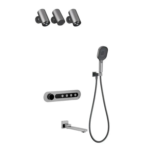 Slick Wall Mounted Shower System Featuring Embedded Digital Led Temperature Display And Heavy Duty Waterfall Rain Head In Matte White And Brushed Gold, modern design set with handheld shower