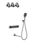 Hidden Wall Mounted Shower System With Led Digital Display And Waterfall Rain Head Matte White Slick Embedded Design Smooth Operation No Fuss Modern Bathroom Upgrade Temperature Control Anti Scald Safety in matte black finish with handheld sprayer.