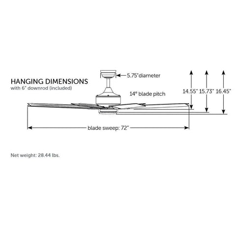 Hanging dimensions diagram of the Massive 72 Inch Indoor Ceiling Fan With Bright Led Lighting And Polished Nickel Blades.