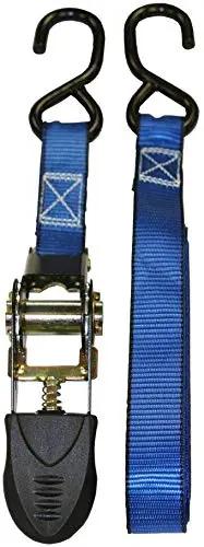 Heavy Duty 6 Pack Ratchet Straps Tie Down Haulers 1 Inch X 12 Foot With S Hooks For Cargo On Trucks Kayaks And Boats 400 Lbs Working Load Limit 1200 Lbs Break Strength Built For Weekend Warriors, showing a blue strap with hooks.