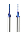 Two blue-coated carbide plunge-down end mills with 1/4 in shanks and 1/16 in cutting diameter for wood carving