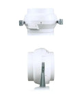 Front and side view of the Centrifugal Inline Duct Fan VK 100 4 Inch Plastic Casing Up To 162 CFM with mounting brackets