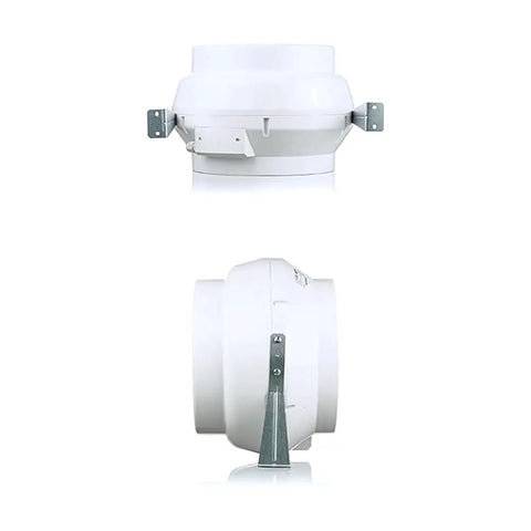 Front and side view of the Centrifugal Inline Duct Fan VK 100 4 Inch Plastic Casing Up To 162 CFM with mounting brackets