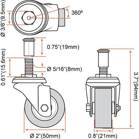 Technical diagram of Six Pack 2 Inch Low Profile Swivel Caster Wheels With Threaded Post Mount For Creeper Service Cart Or Stool