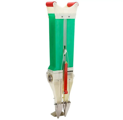 Adjustable Seed Depth Planter With Fertilizer Dispenser For Home Gardens Portable Manual Garden Seeder Spreader shown upright