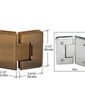 Pinnacle 045 Series Glass To Glass Standard Hinge In Antique Brass Model 135186, showcasing dimensions and rear view.