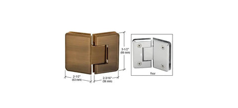Pinnacle 045 Series Glass To Glass Standard Hinge In Antique Brass Model 135186, showcasing dimensions and rear view.