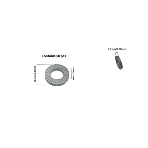 M8 Wedge Lock Washers 50 Piece Kit Rock Solid Anti Loosening Shakeproof Fasteners For Automotive Bolts High Vibration Resistant Heavy Duty Construction Hardware Zero Wiggle Install showing dimensions and details.
