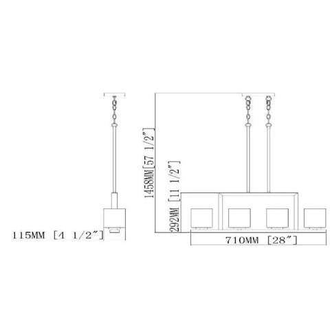 Technical drawing of Karsen Traditional 4 Light Indoor Pendant Dimmable Frosted Glass For Entryways Dining Rooms Foyers In Polished Chrome
