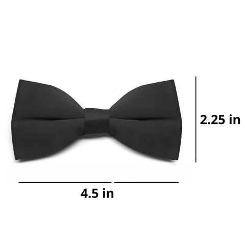 Men's Pre-Tied Clip-On Bow Tie Black Satin Finish With Heavy 1-Inch Clips, Measures 4.5 Inches Across And 2.25 Inches High At Ends, Fits Teens To Adults, Easy Formal Accessory For Weddings, Parties, And Everyday Go-To Sharp Style. black satin bow tie, 4.5 in x 2.25 in