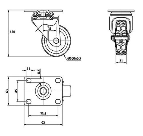 Technical diagram of a heavy duty swivel caster set with measurements for easy installation and mobility enhancements