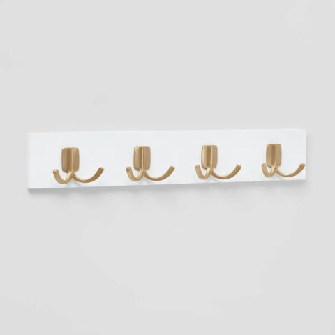 Swoop Up Fresh Wall Mounted Coat And Hat Rack Featuring Four Sleek Gold Dual Hooks On A Crisp White Base, 18-inch aluminum design.
