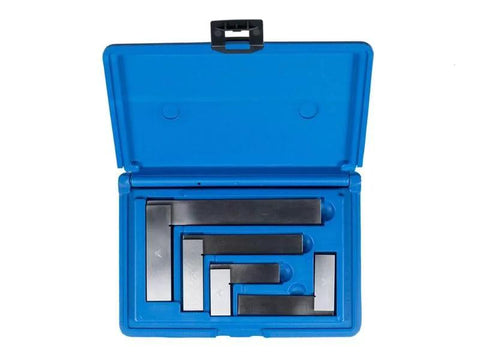 Machinist square set in an open blue case; hardened steel 90-degree angle rulers, 4×3 inch.