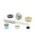 Waterjet cutting head repair kit components: stainless steel nozzle, metal discs, brass washer, blue cap, black O-ring