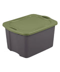 Roomy 17.5 Gallon Plastic Storage Bin With Secure Stackable Lid And Opaque Base, Full Grip Handles, gray and green plastic container.