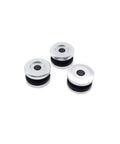 Rock Solid Replacement Exhaust Hanger Bushing Suspension Cushion Kit For KTM SXF XCF RC4 Dirt Bikes 2018 To 2023 250 350 450 Models That Crush Vibration And Smoothes Out Ride Quality Like A Champ., three silver and black exhaust bushings